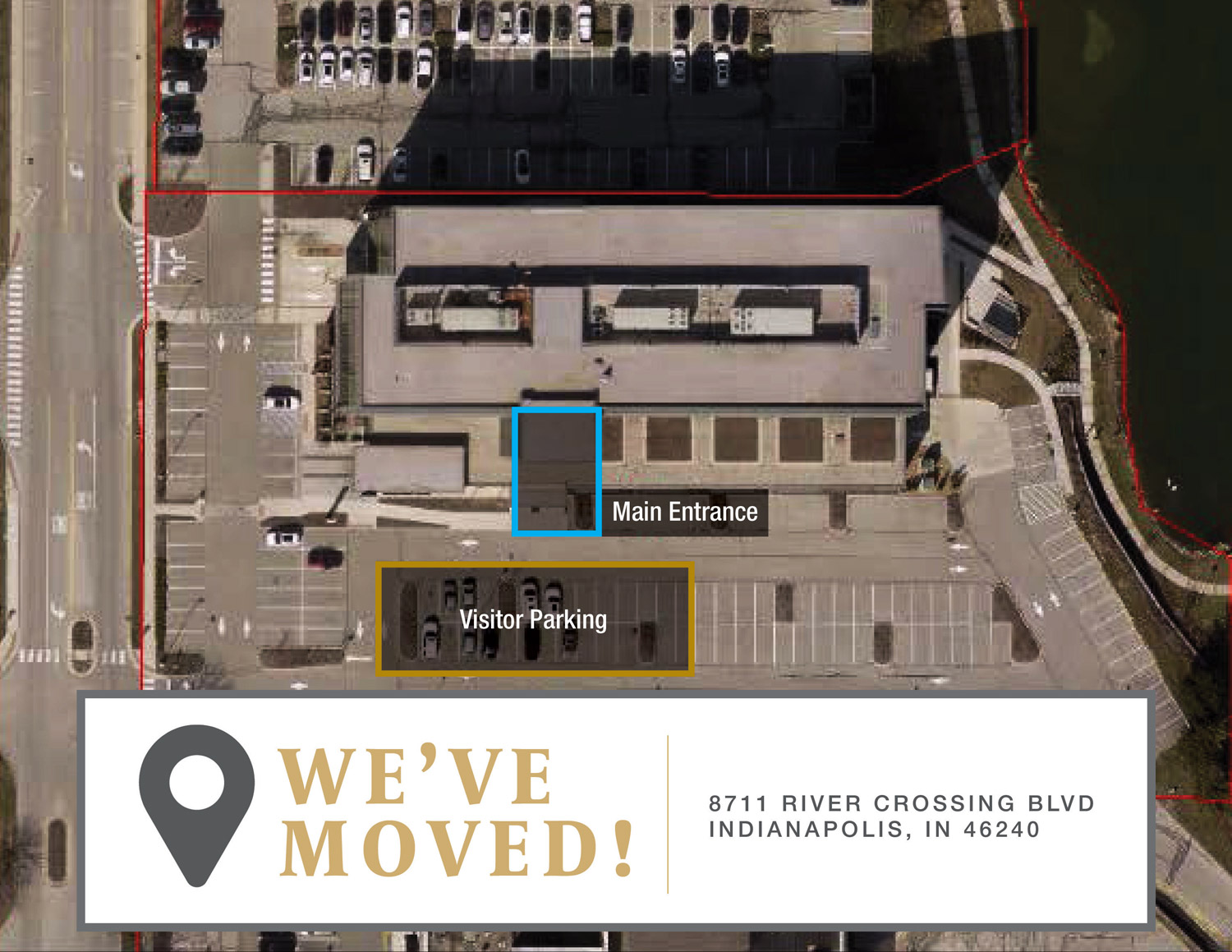 Aerial image of the new First Merchants Private Wealth office in Indianapolis with a We've Moved and address banner.
