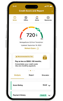 The new First Merchants Bank mobile app credit score powered by Savvy Money page.