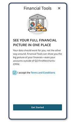 The new First Merchants Bank mobile app financial tools page.