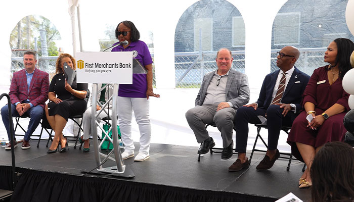 Commissioner Irma Clark-Coleman speaking at the First Merchants Bank Detroit-Fitzgerald Groundbreaking.