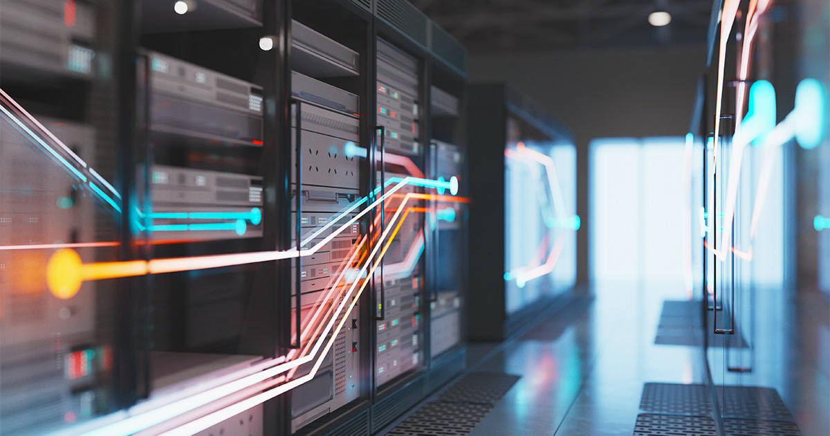 Server rooms with a productivity line chart graphic floating in front of a stack of servers