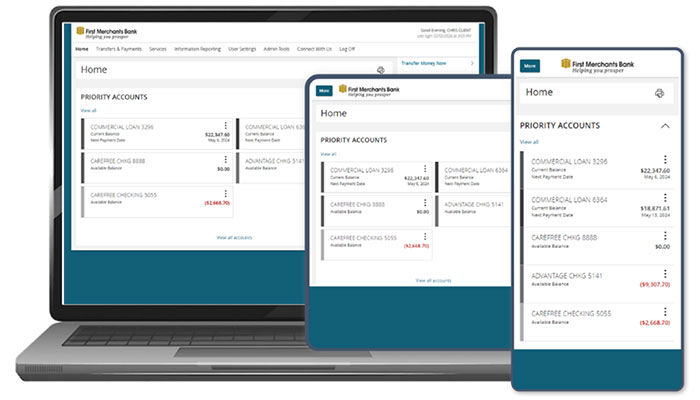 Q2-Commercial-Digital-Platforms-Graphic700x400 First Merchants Bank new digital platform displayed on a variety of technology.