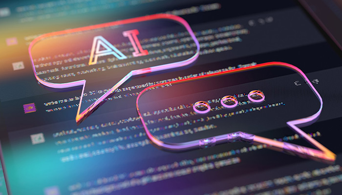AI and messaging bubbles overlay a computer screen.