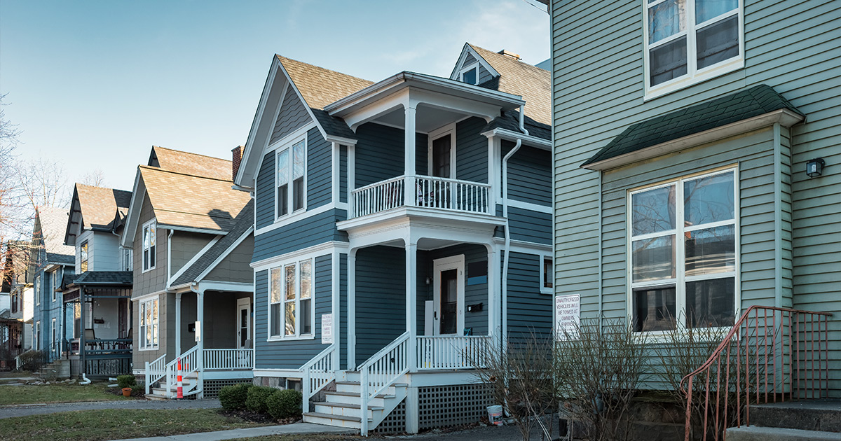 Close up shot of a row of homes within the intercity of town 3
