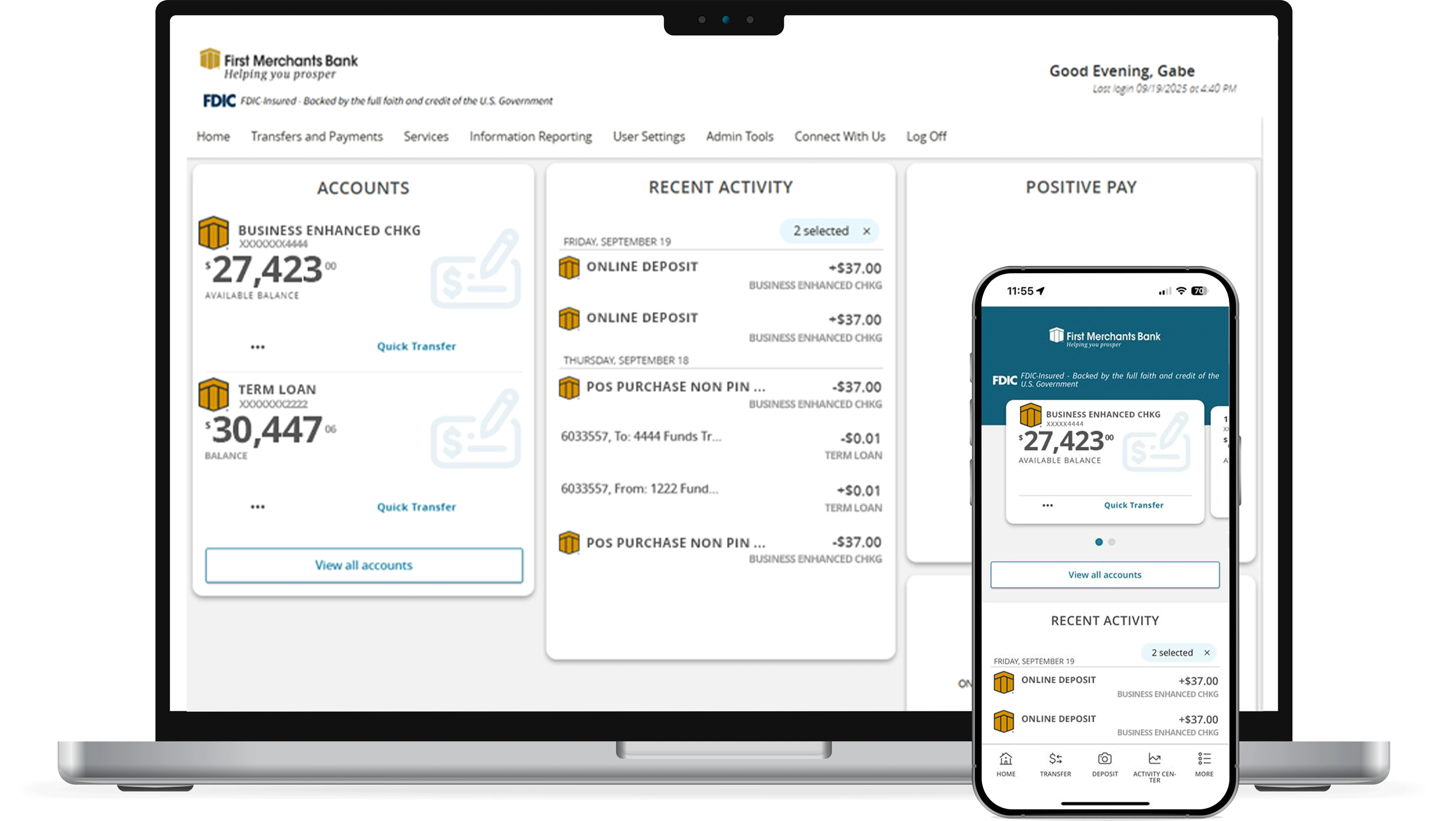 Small Business OLB platform on laptop and phone with transparent background